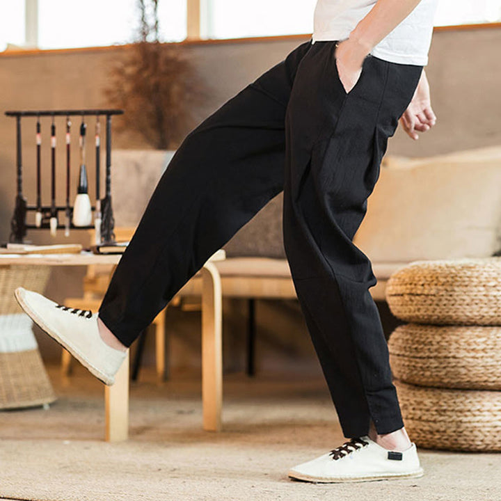 Buddha Stones Solid Color Linen Drawstring Tapered Men's Pants With Pockets - image 24