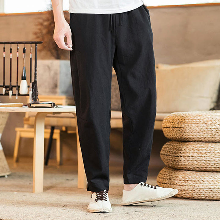 Buddha Stones Solid Color Linen Drawstring Tapered Men's Pants With Pockets - image 20