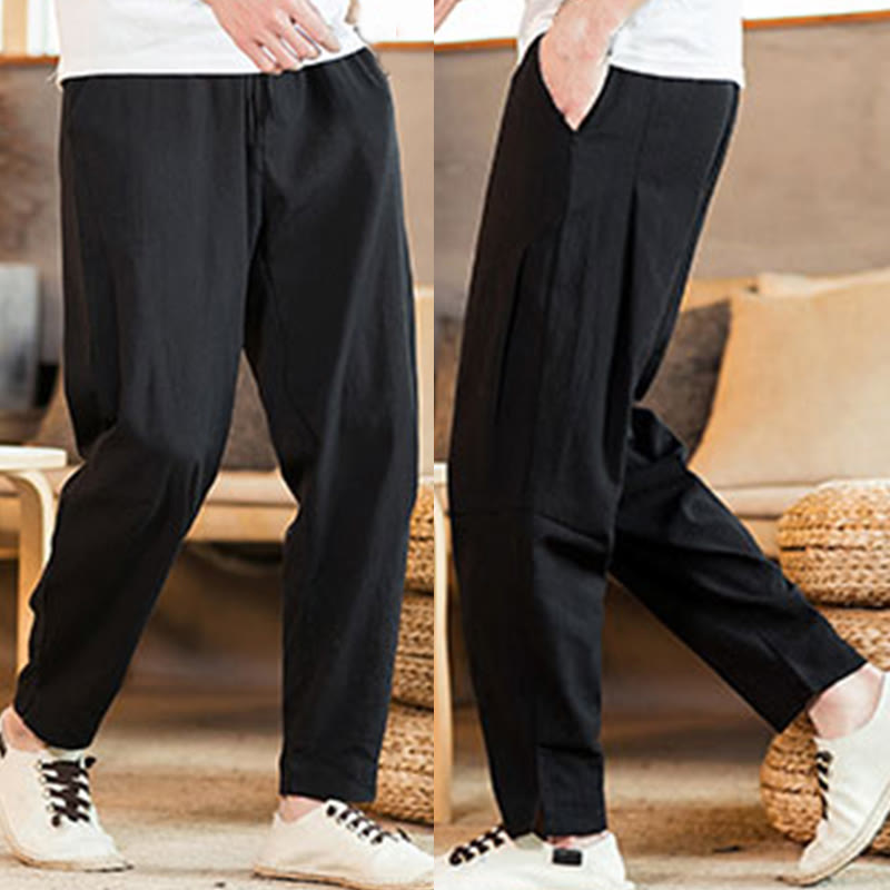 Buddha Stones Solid Color Linen Drawstring Tapered Men's Pants With Pockets - image 25