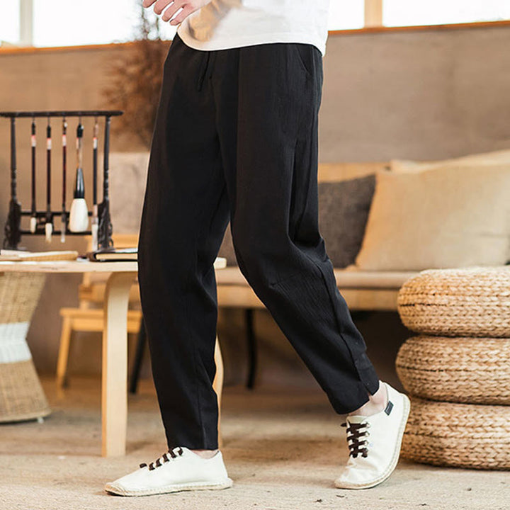 Buddha Stones Solid Color Linen Drawstring Tapered Men's Pants With Pockets - Black - US/UK/AU46，EU56 (5XL) - image 18