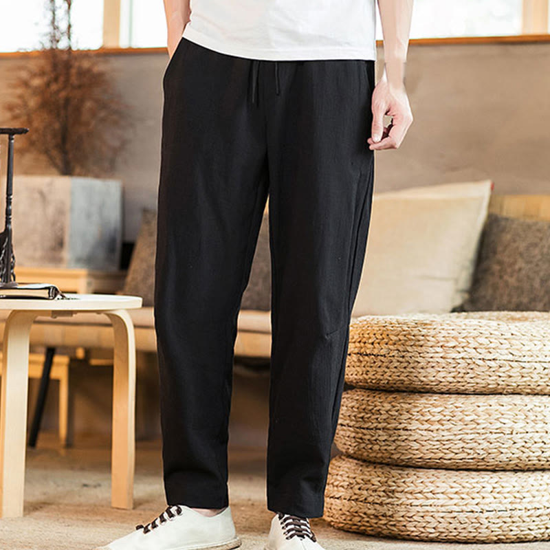 Buddha Stones Solid Color Linen Drawstring Tapered Men's Pants With Pockets - image 21