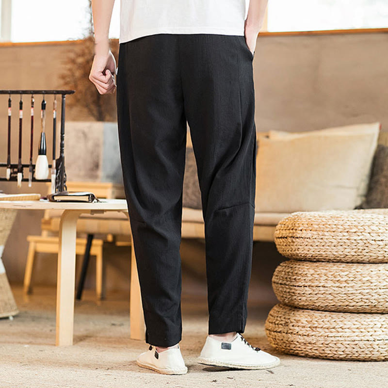 Buddha Stones Solid Color Linen Drawstring Tapered Men's Pants With Pockets - image 22