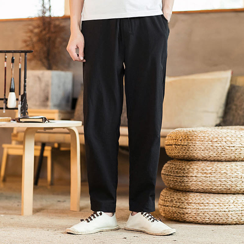 Buddha Stones Solid Color Linen Drawstring Tapered Men's Pants With Pockets - image 19