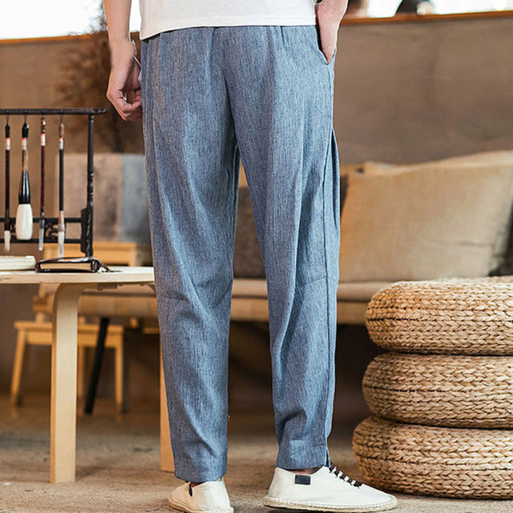 Buddha Stones Solid Color Linen Drawstring Tapered Men's Pants With Pockets - image 29