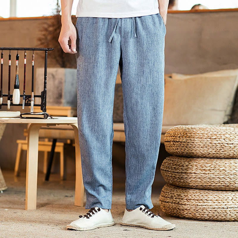 Buddha Stones Solid Color Linen Drawstring Tapered Men's Pants With Pockets - LightSteelBlue - US/UK/AU46，EU56 (5XL) - image 26