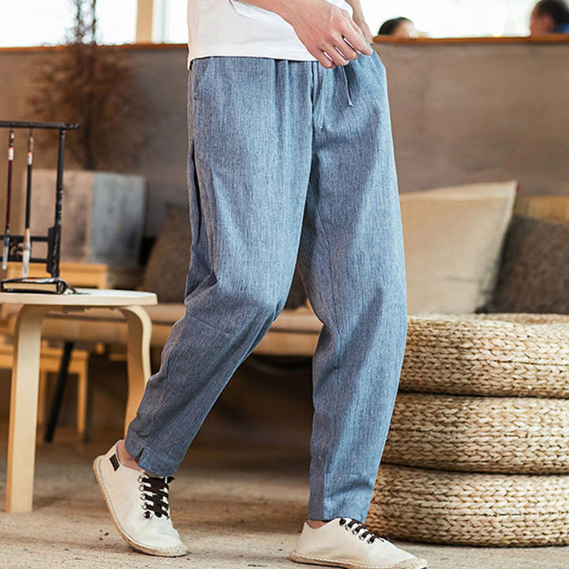 Buddha Stones Solid Color Linen Drawstring Tapered Men's Pants With Pockets - image 27