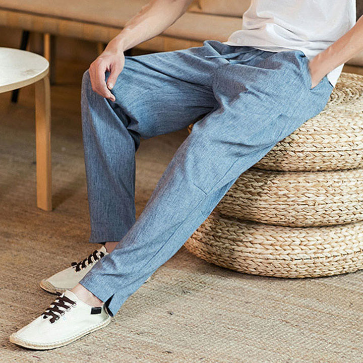 Buddha Stones Solid Color Linen Drawstring Tapered Men's Pants With Pockets - image 32