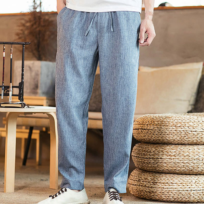 Buddha Stones Solid Color Linen Drawstring Tapered Men's Pants With Pockets - image 28