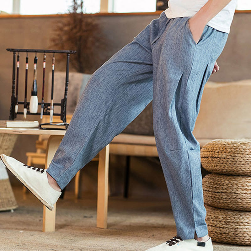 Buddha Stones Solid Color Linen Drawstring Tapered Men's Pants With Pockets - image 31