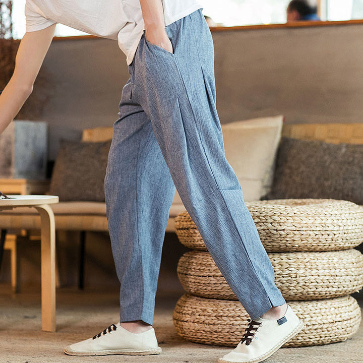 Buddha Stones Solid Color Linen Drawstring Tapered Men's Pants With Pockets - image 30