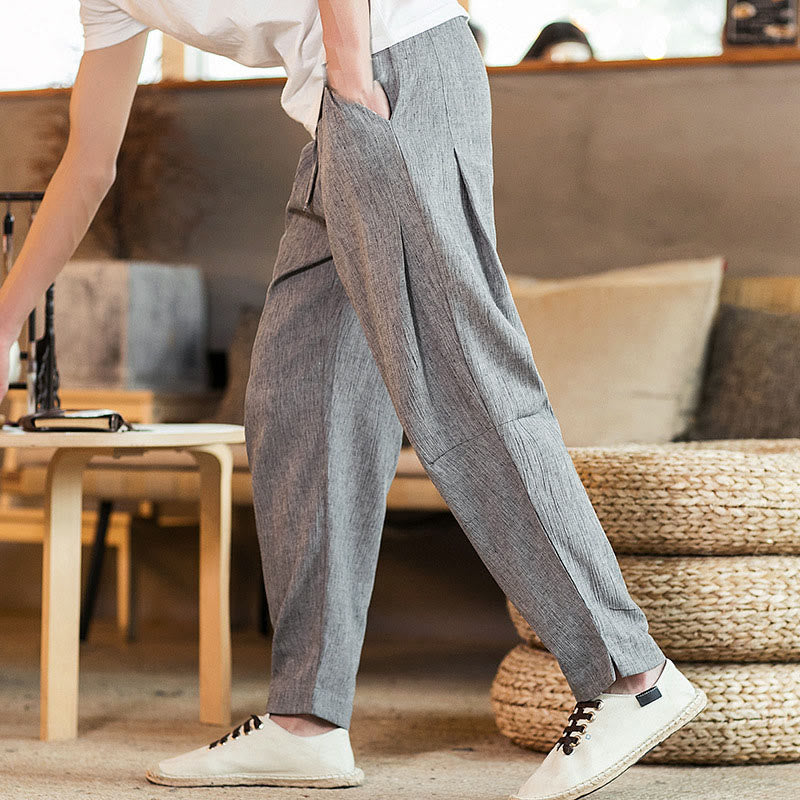 Buddha Stones Solid Color Linen Drawstring Tapered Men's Pants With Pockets - image 15