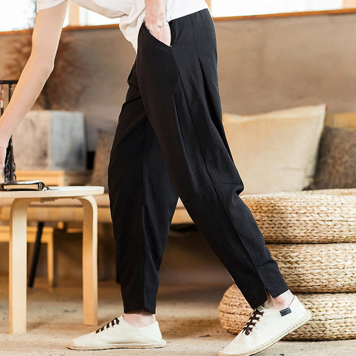 Buddha Stones Solid Color Linen Drawstring Tapered Men's Pants With Pockets - image 23