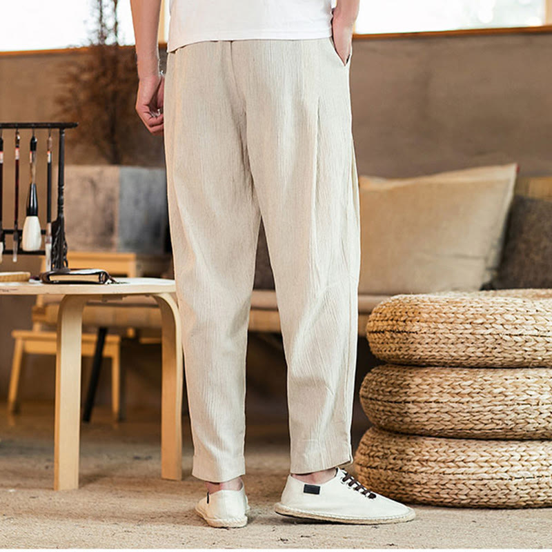 Buddha Stones Solid Color Linen Drawstring Tapered Men's Pants With Pockets - image 37