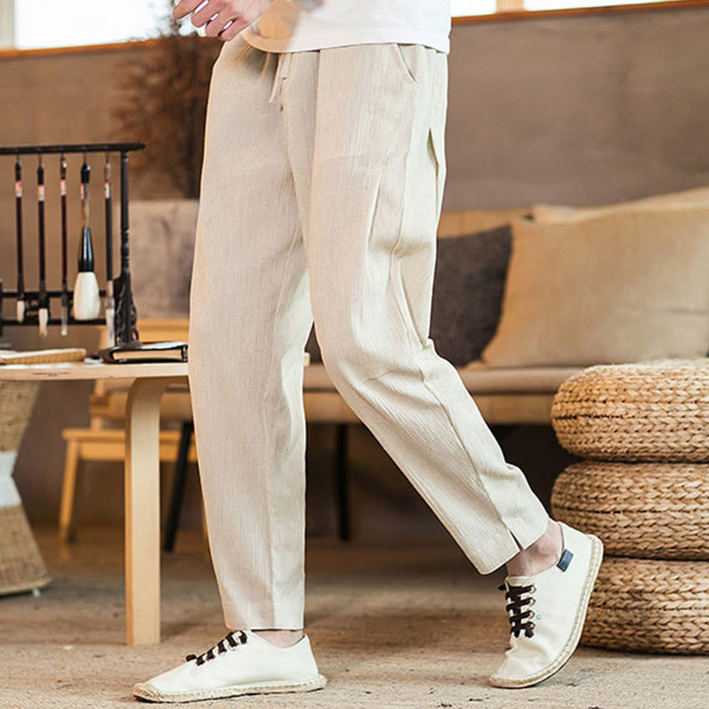 Buddha Stones Solid Color Linen Drawstring Tapered Men's Pants With Pockets - Beige - US/UK/AU46，EU56 (5XL) - image 34