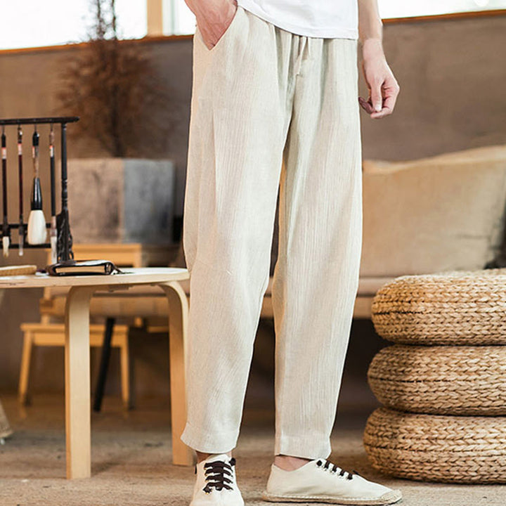 Buddha Stones Solid Color Linen Drawstring Tapered Men's Pants With Pockets - image 36