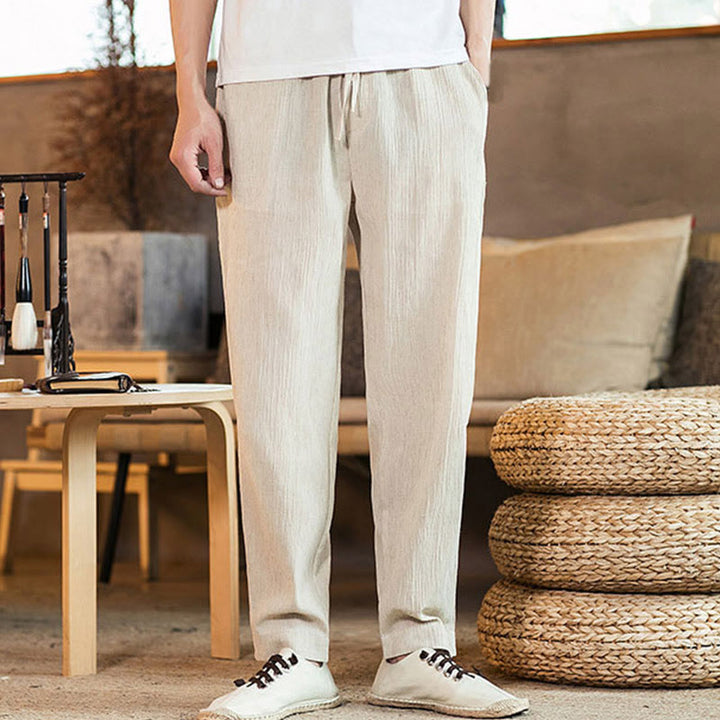 Buddha Stones Solid Color Linen Drawstring Tapered Men's Pants With Pockets - image 35