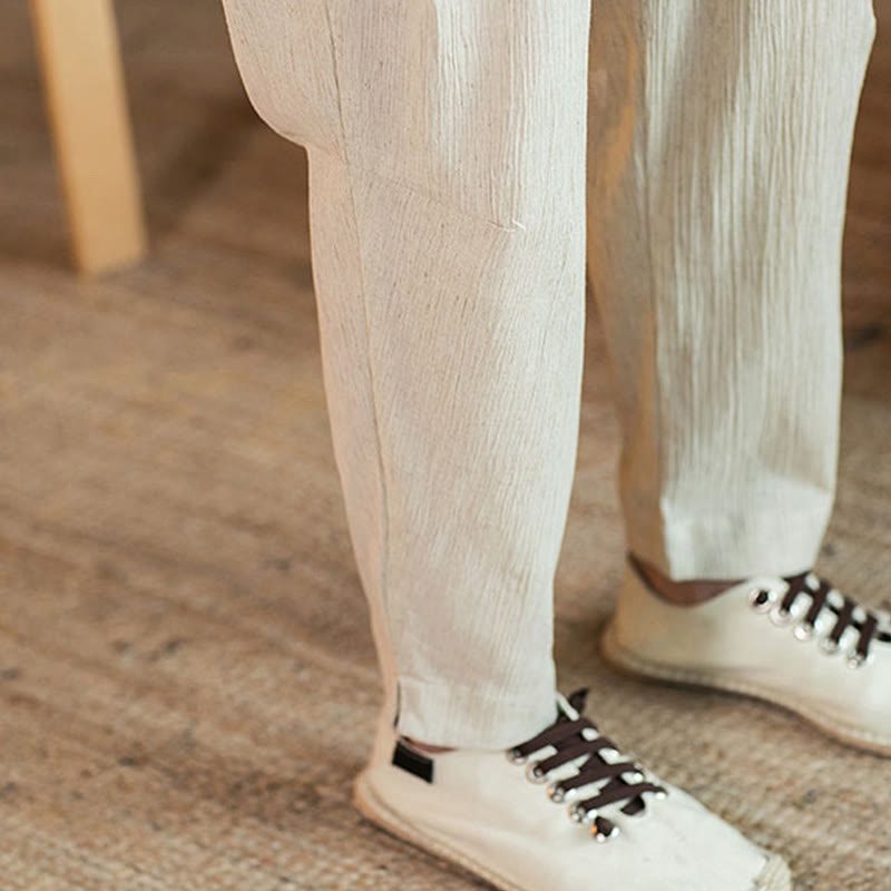 Buddha Stones Solid Color Linen Drawstring Tapered Men's Pants With Pockets - image 43