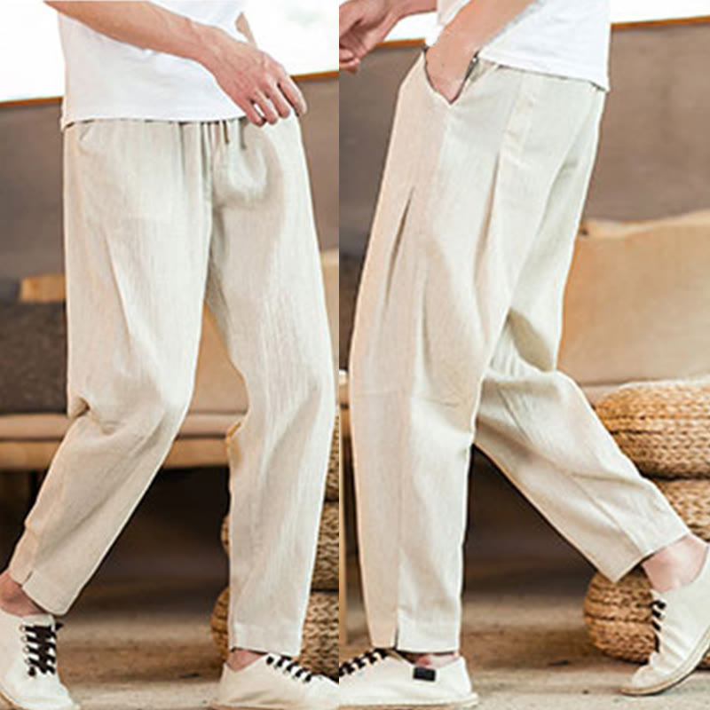 Buddha Stones Solid Color Linen Drawstring Tapered Men's Pants With Pockets - image 44