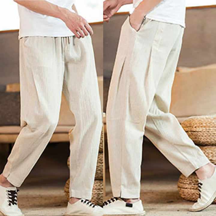 Buddha Stones Solid Color Linen Drawstring Tapered Men's Pants With Pockets - image 44