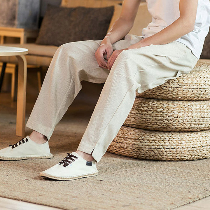 Buddha Stones Solid Color Linen Drawstring Tapered Men's Pants With Pockets - image 41
