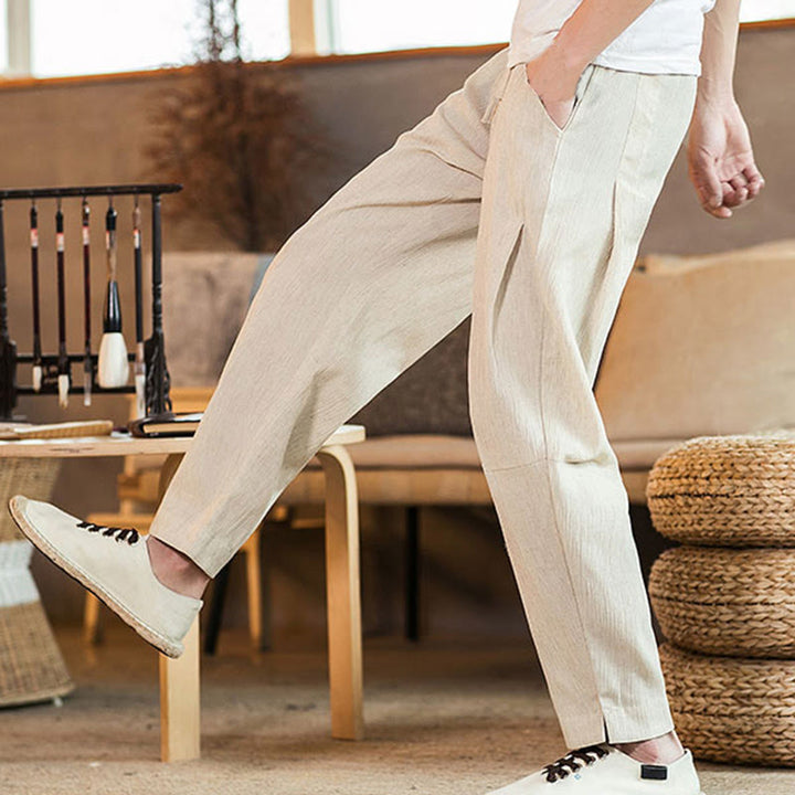 Buddha Stones Solid Color Linen Drawstring Tapered Men's Pants With Pockets - image 40