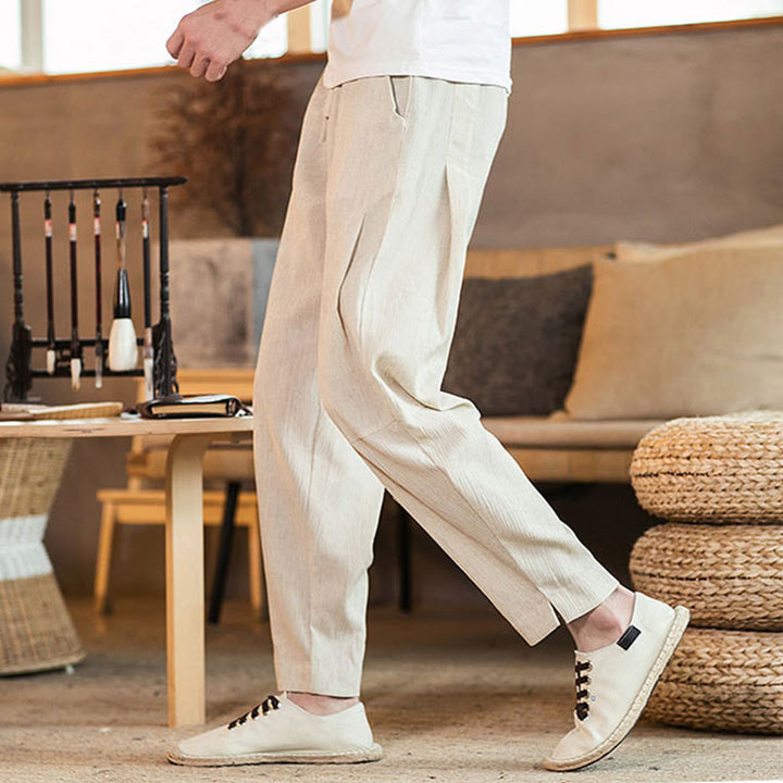 Buddha Stones Solid Color Linen Drawstring Tapered Men's Pants With Pockets - image 39