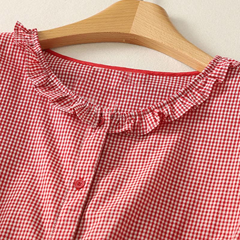 Buddha Stones Spring Plaid Ruffled Crew Neck Design Three Quarter Sleeve Cotton Women's Shirt - image 7