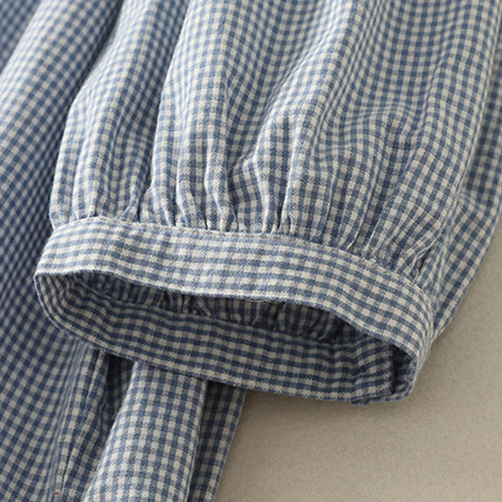 Buddha Stones Spring Plaid Ruffled Crew Neck Design Three Quarter Sleeve Cotton Women's Shirt - image 3