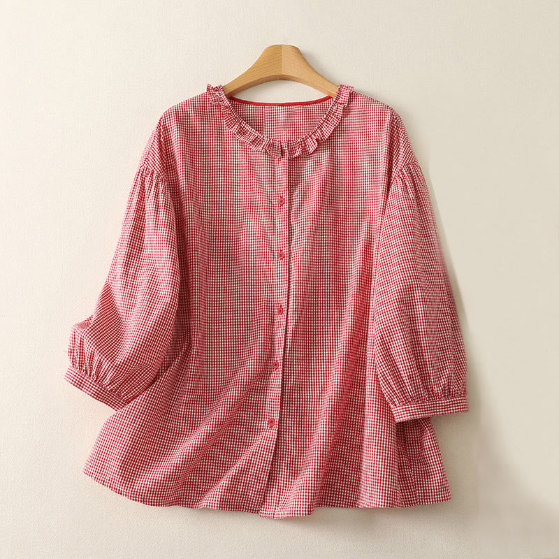 Buddha Stones Spring Plaid Ruffled Crew Neck Design Three Quarter Sleeve Cotton Women's Shirt - OrangeRed - US14，UK/AU18，EU46 (2XL) - image 5