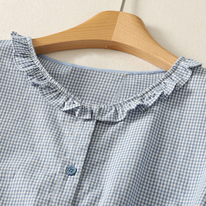 Buddha Stones Spring Plaid Ruffled Crew Neck Design Three Quarter Sleeve Cotton Women's Shirt - image 1