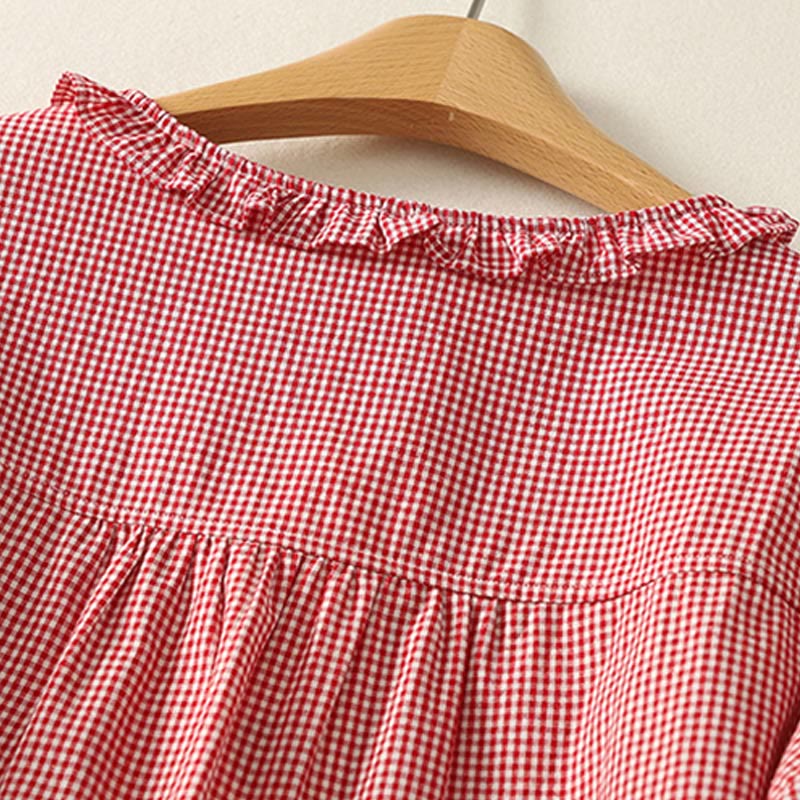Buddha Stones Spring Plaid Ruffled Crew Neck Design Three Quarter Sleeve Cotton Women's Shirt - image 8