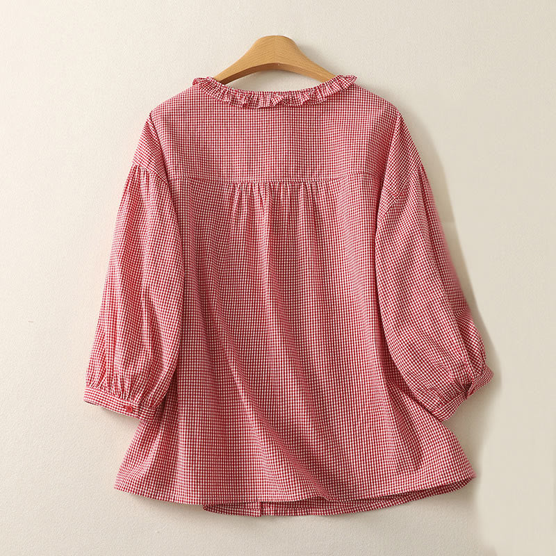Buddha Stones Spring Plaid Ruffled Crew Neck Design Three Quarter Sleeve Cotton Women's Shirt - image 6