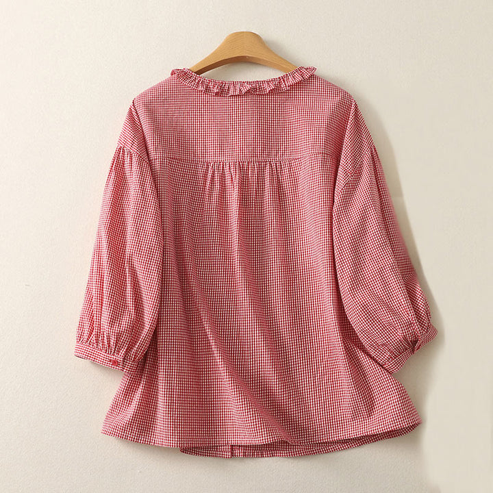 Buddha Stones Spring Plaid Ruffled Crew Neck Design Three Quarter Sleeve Cotton Women's Shirt - image 6