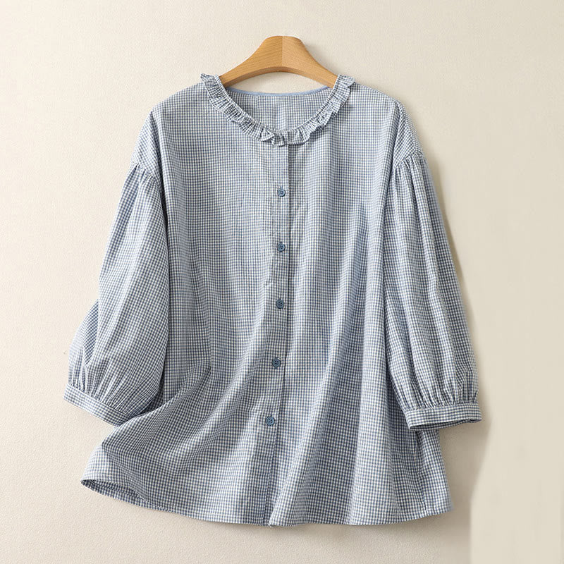 Buddha Stones Spring Plaid Ruffled Crew Neck Design Three Quarter Sleeve Cotton Women's Shirt - LightBlue - US14，UK/AU18，EU46 (2XL) - image 0