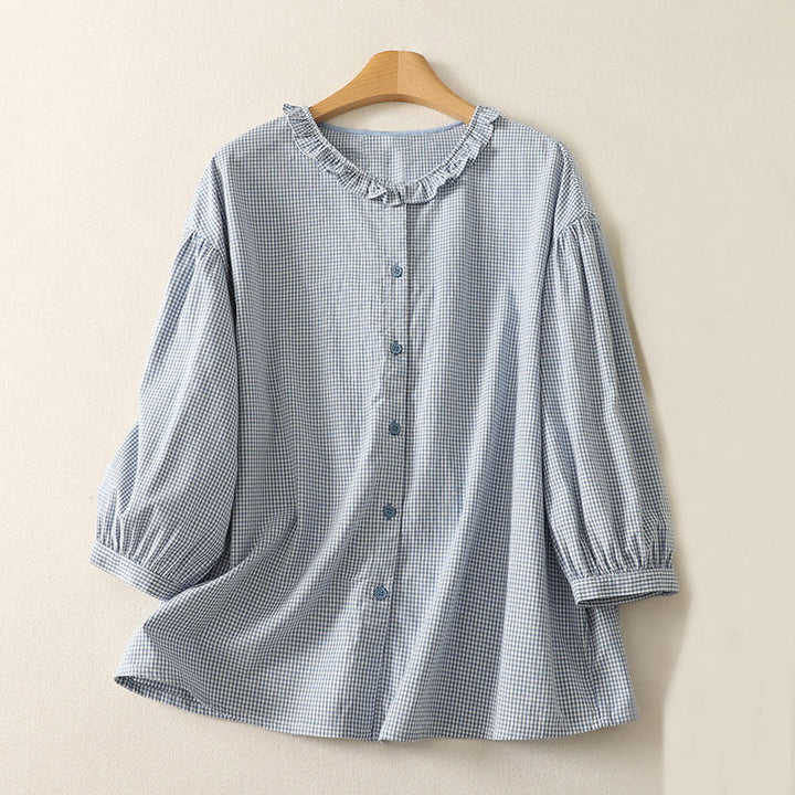 Buddha Stones Spring Plaid Ruffled Crew Neck Design Three Quarter Sleeve Cotton Women's Shirt - LightBlue - US14，UK/AU18，EU46 (2XL) - image 0