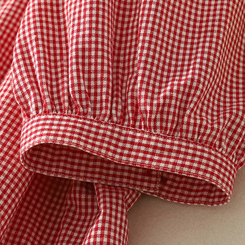 Buddha Stones Spring Plaid Ruffled Crew Neck Design Three Quarter Sleeve Cotton Women's Shirt - image 12