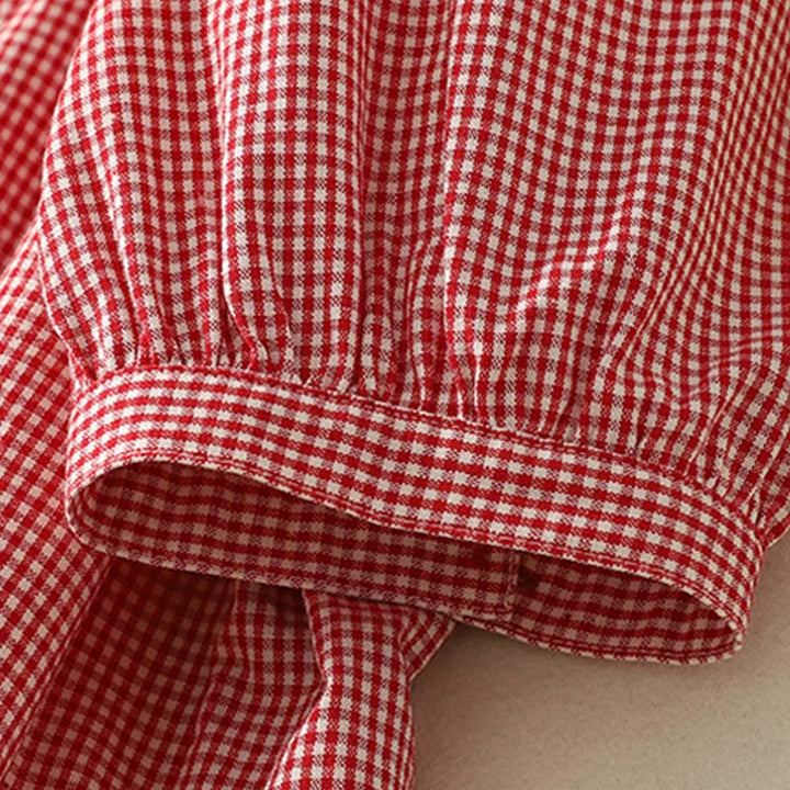 Buddha Stones Spring Plaid Ruffled Crew Neck Design Three Quarter Sleeve Cotton Women's Shirt - image 12