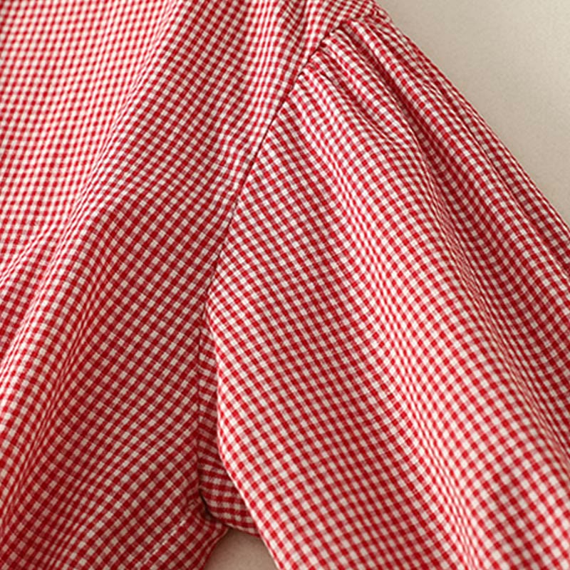 Buddha Stones Spring Plaid Ruffled Crew Neck Design Three Quarter Sleeve Cotton Women's Shirt - image 9