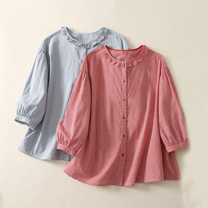 Buddha Stones Spring Plaid Ruffled Crew Neck Design Three Quarter Sleeve Cotton Women's Shirt - image 15
