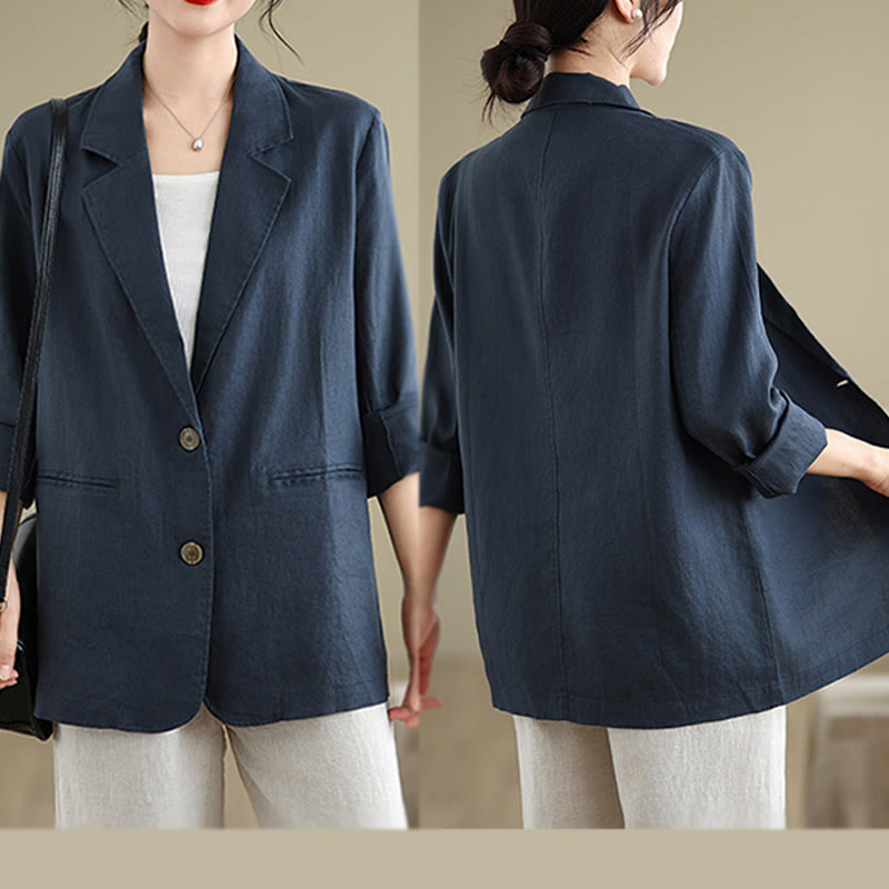 Buddha Stones Spring Solid Color Long Sleeve Cotton Linen Women's Jacket With Pockets - image 17