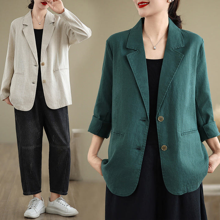 Buddha Stones Spring Solid Color Long Sleeve Cotton Linen Women's Jacket With Pockets - image 33