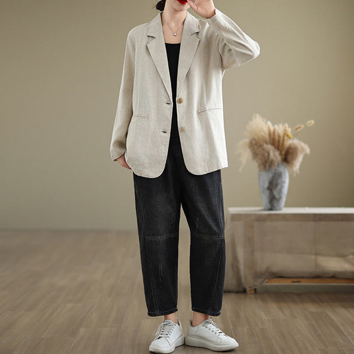 Buddha Stones Spring Solid Color Long Sleeve Cotton Linen Women's Jacket With Pockets - image 3