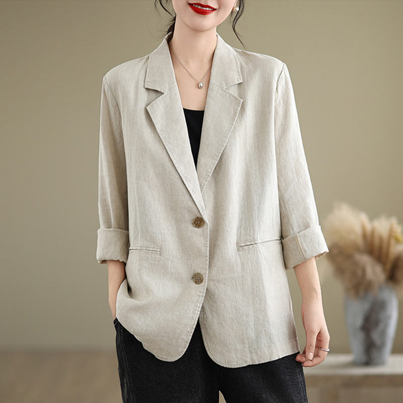 Buddha Stones Spring Solid Color Long Sleeve Cotton Linen Women's Jacket With Pockets - Beige - US8-10，UK/AU12-14，EU40-42 (2XL) - image 0