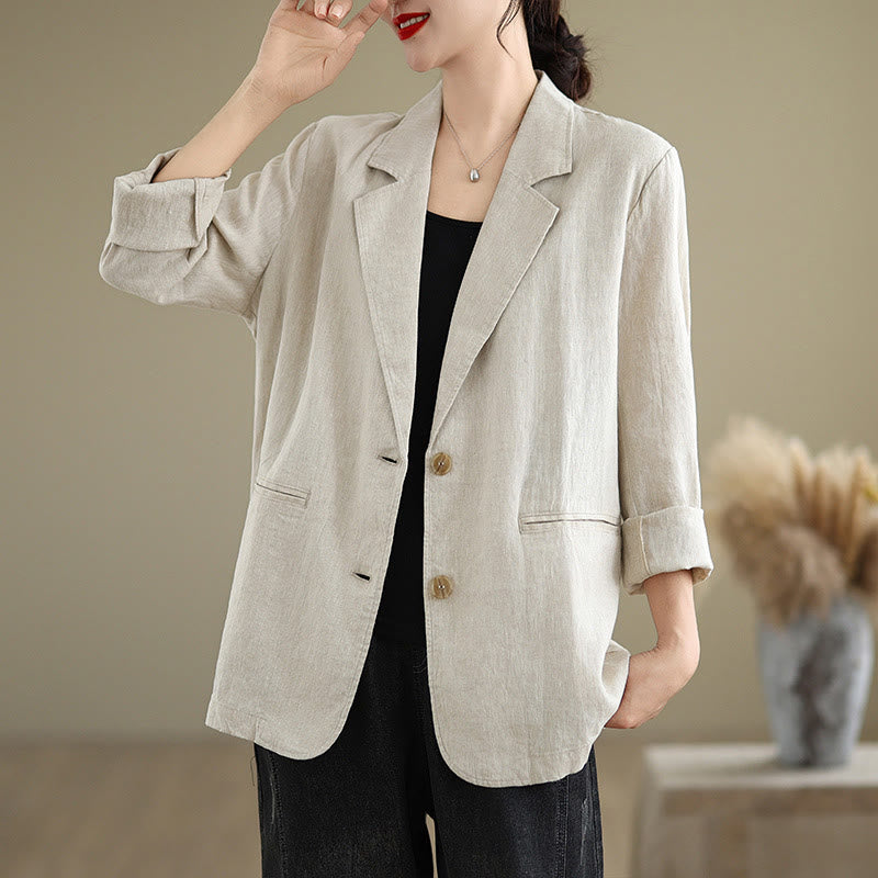 Buddha Stones Spring Solid Color Long Sleeve Cotton Linen Women's Jacket With Pockets - image 2