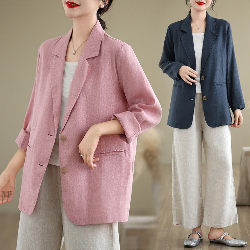 Buddha Stones Spring Solid Color Long Sleeve Cotton Linen Women's Jacket With Pockets - image 35