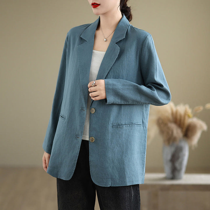 Buddha Stones Spring Solid Color Long Sleeve Cotton Linen Women's Jacket With Pockets - SteelBlue - US8-10，UK/AU12-14，EU40-42 (2XL) - image 8