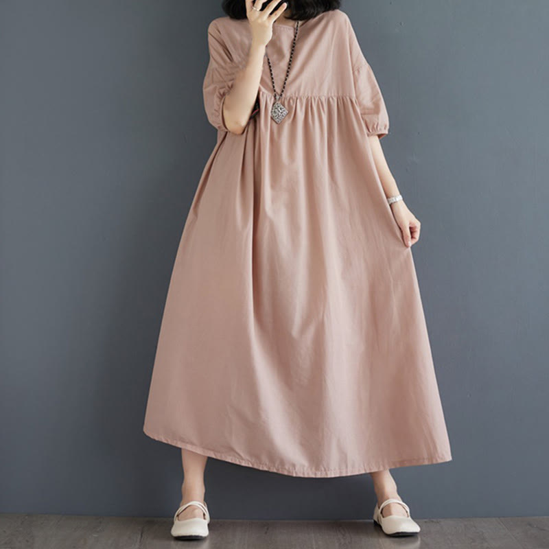 Buddha Stones Solid Color Pleated Design Crew Neck Half Puff Sleeve Cotton Midi Dress - PeachPuff - US14，UK/AU18，EU46 (2XL) - image 40