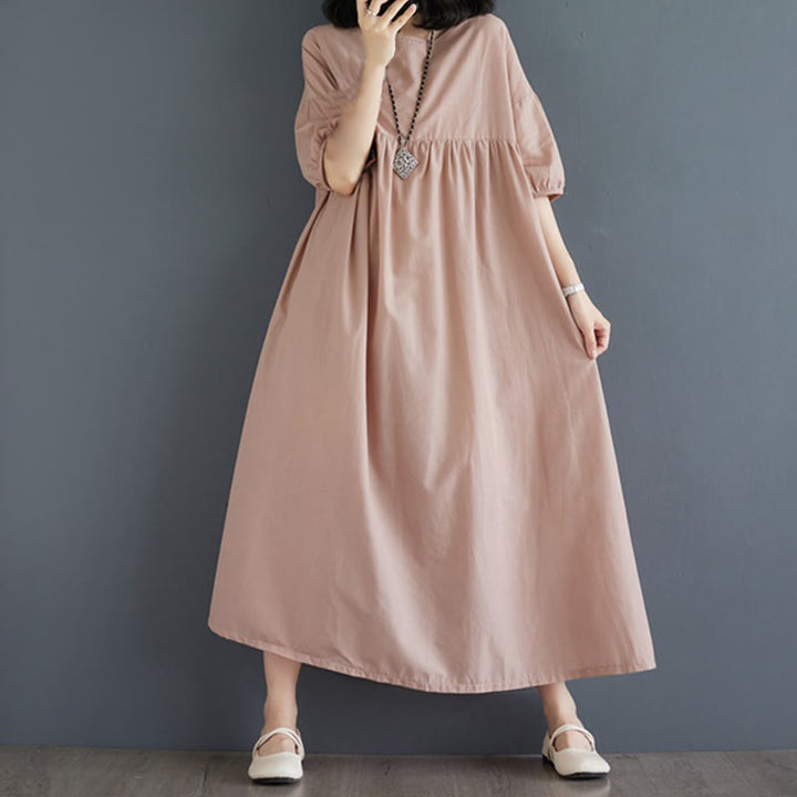 Buddha Stones Solid Color Pleated Design Crew Neck Half Puff Sleeve Cotton Midi Dress - PeachPuff - US14，UK/AU18，EU46 (2XL) - image 40