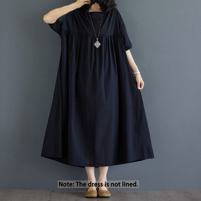 Buddha Stones Solid Color Pleated Design Crew Neck Half Puff Sleeve Cotton Midi Dress - image 32