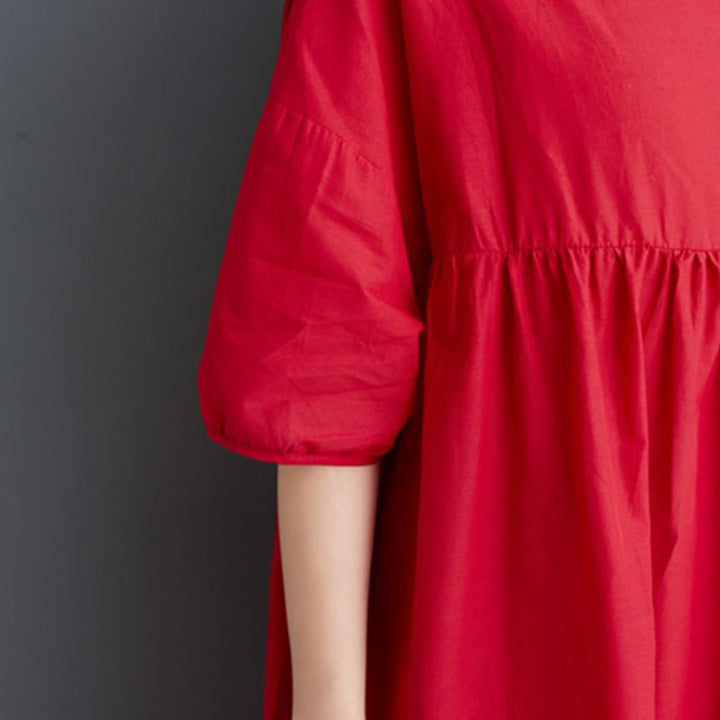 Buddha Stones Solid Color Pleated Design Crew Neck Half Puff Sleeve Cotton Midi Dress - image 30
